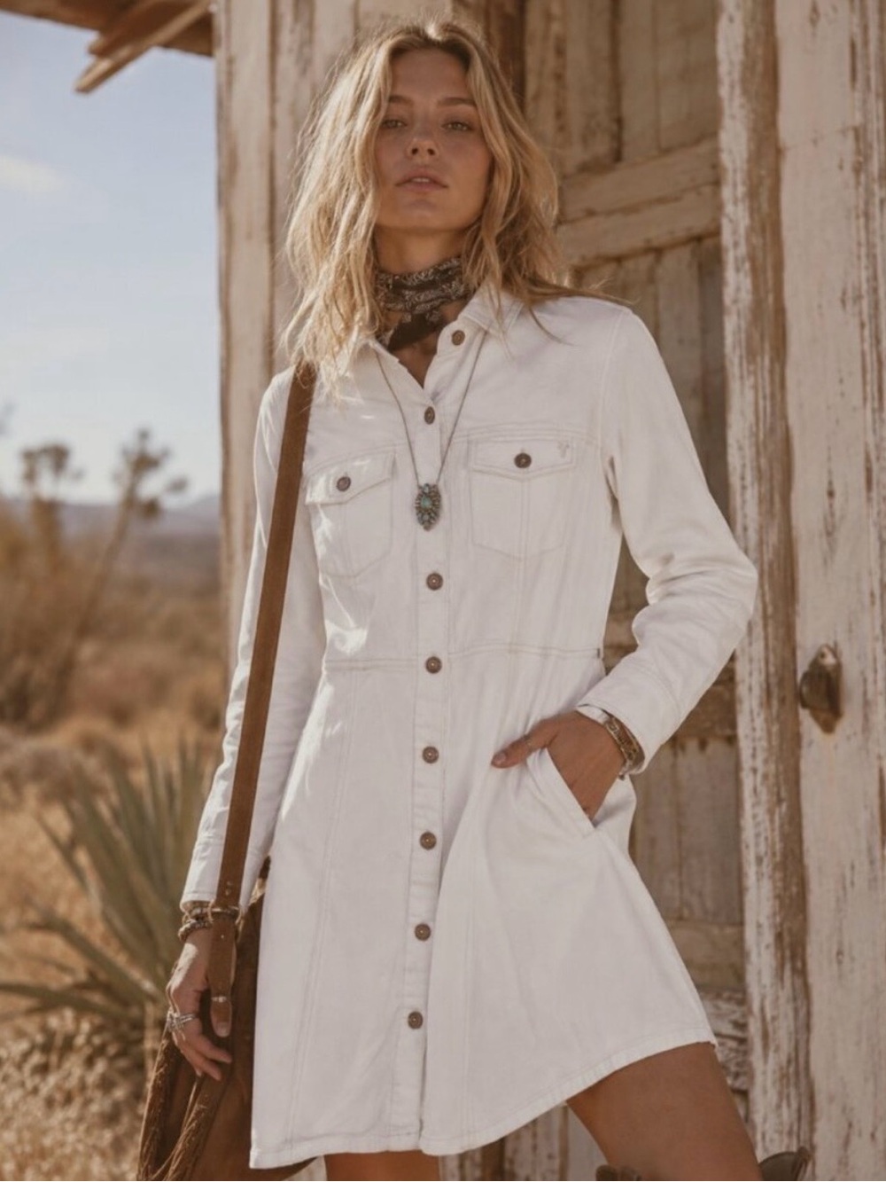 Frye Cream Long-Sleeve Button Shirt Dress